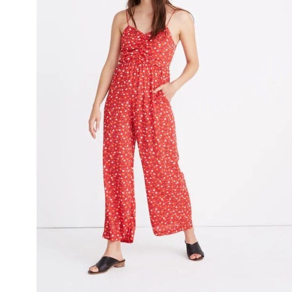 Madewell Ruched‎ Jumpsuit Size 4 Red Floral Wide Leg Summer Boho Party Romantic